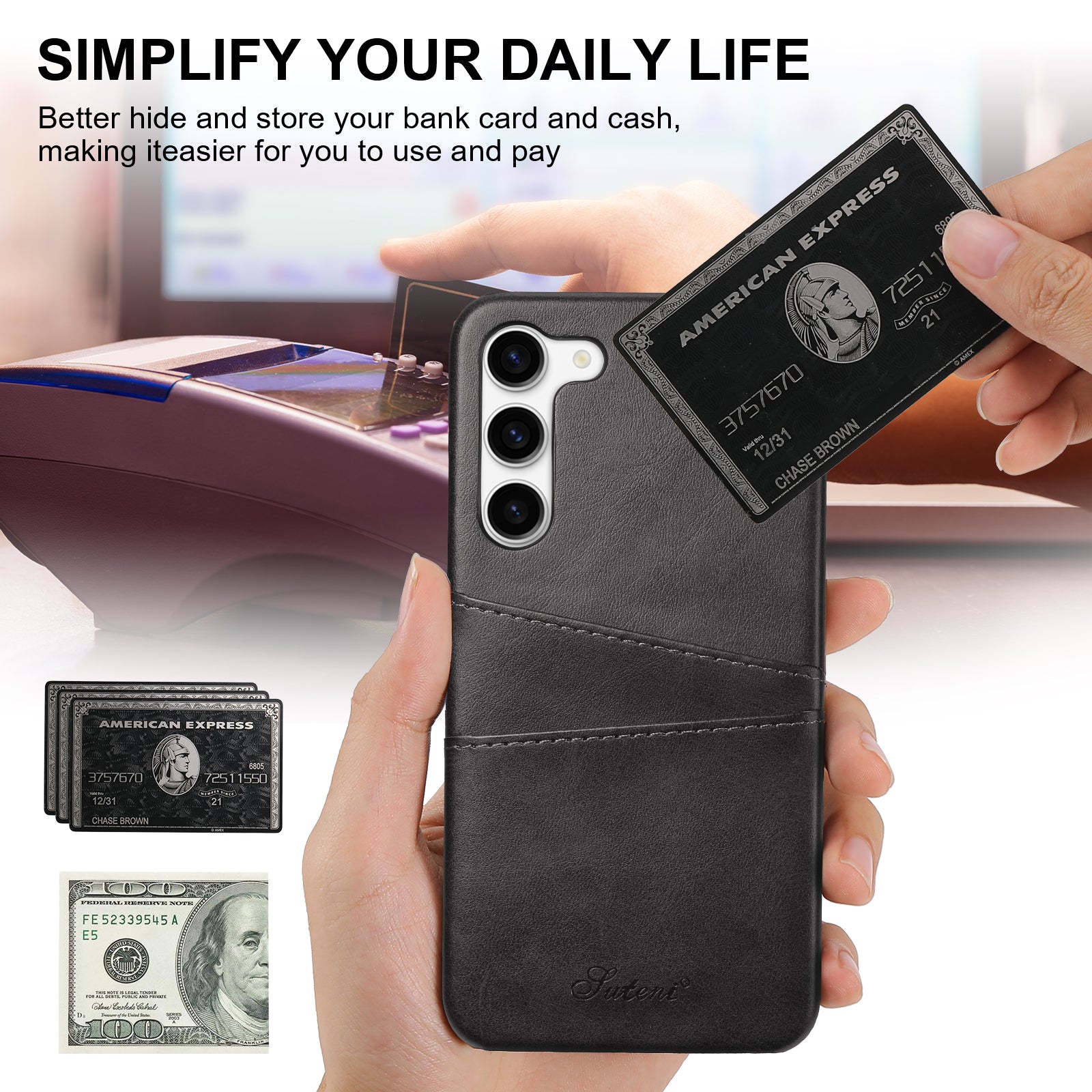 SUTENI For Samsung Galaxy S23 PU Leather Coated PC Phone Case Calf Texture Drop-proof Cover with Card Slots SUTENI For Samsung Galaxy S23 PU Leather Coated PC Phone Case Calf Texture Drop-proof Cover with Card Slots